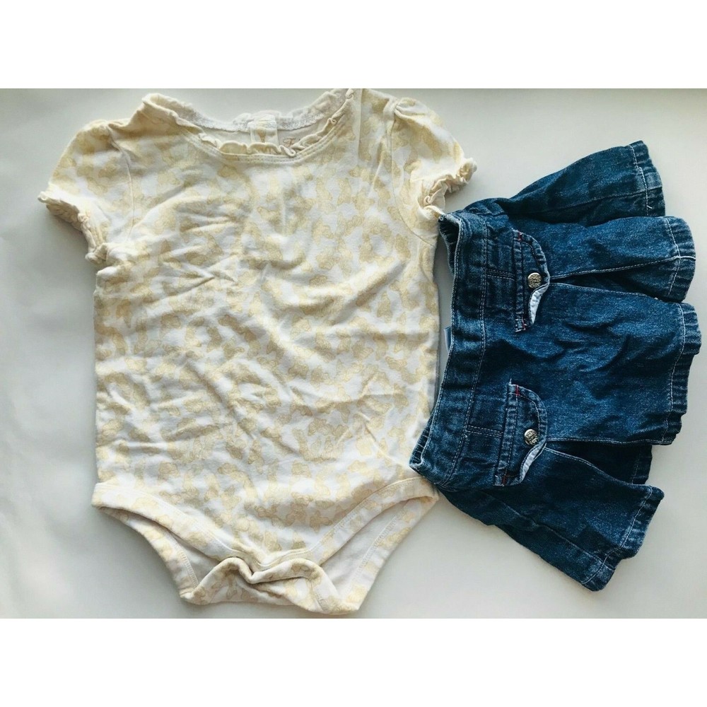 Girl's Size 12M 9-12 Months Two Piece Cream Butterfly Top & Denim Ruffled Skirt